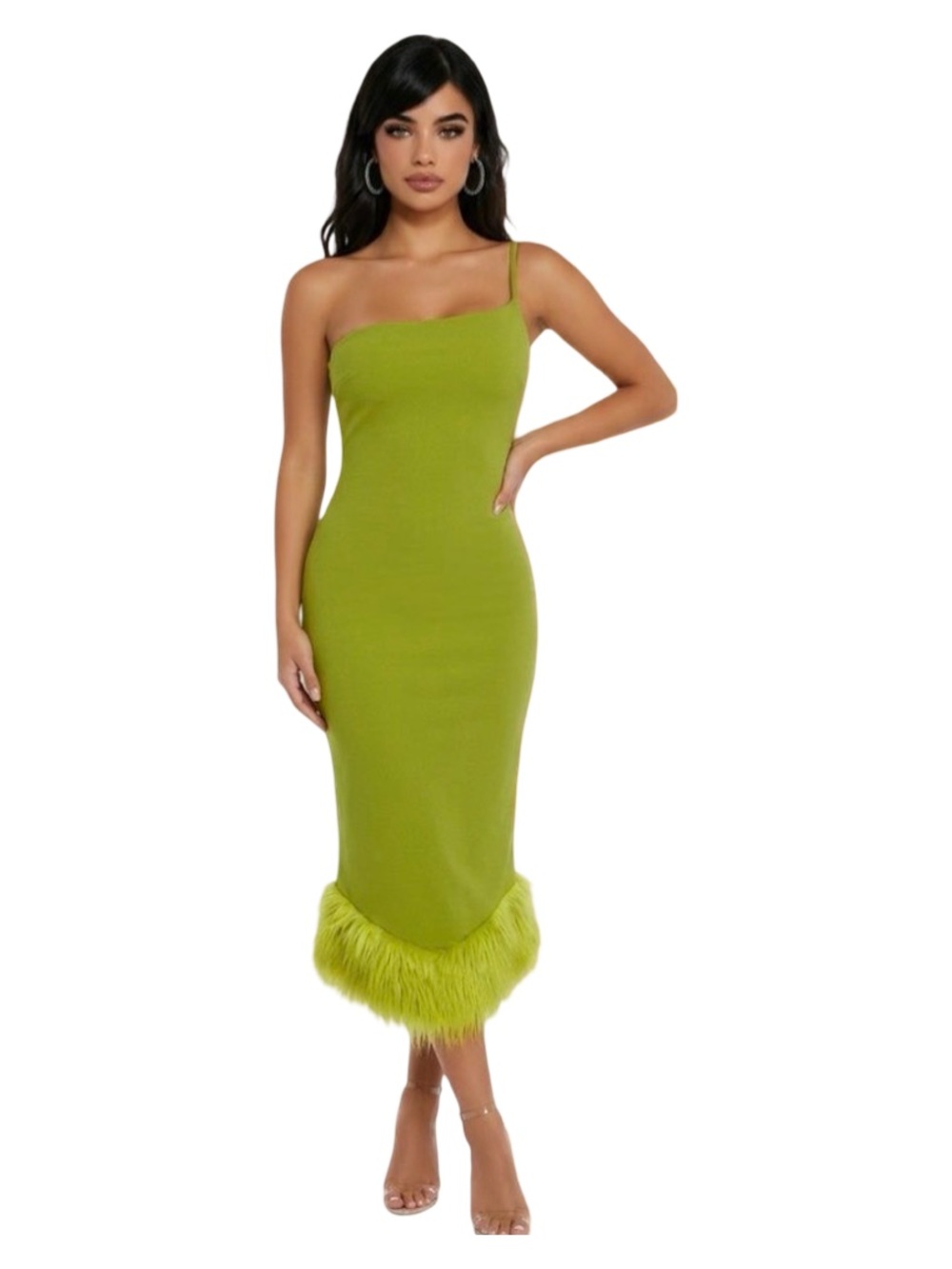 Green one shoulder spaghetti strap faux fur hem cocktail party dress large